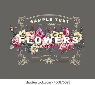 Vector floral label with a frame composed of detailed flowers