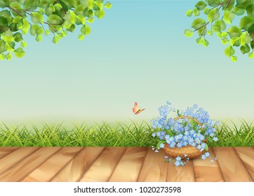 Vector floral landscape with grass and beautiful bouquet in wicker basket