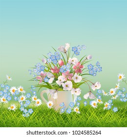 Vector floral landscape with grass and beautiful bouquet in a cup
