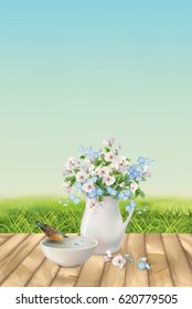 Vector floral landscape with grass, bouquet in white pitcher and bird drinking water from a pottery bowl