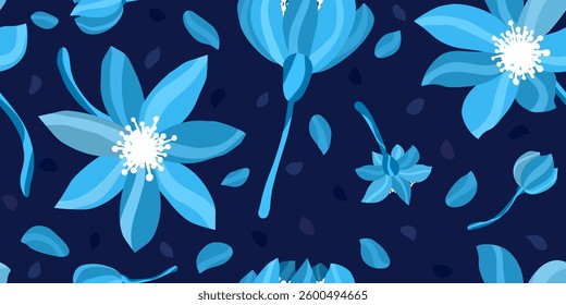 Vector floral and leaf seamless pattern design. Simple nature flowers and leaves wallpaper. Dark and light blue color shades vintage background for fabric, textile, cover, or paper artwork.
