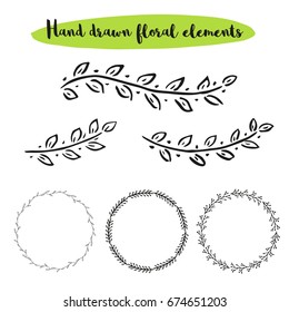 Vector floral with leaves, branches, circle plant elements isolated on white background.