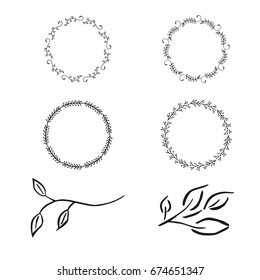 Vector floral with leaves, branches, circle plant elements isolated on white background.