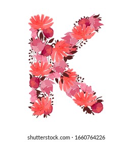 Vector floral letter, capital character K. Botanical monogram. Pink, maroon, coral color flowers in the shape of a bold letter isolated on white background. Chicory, peonies, lilies with branches.