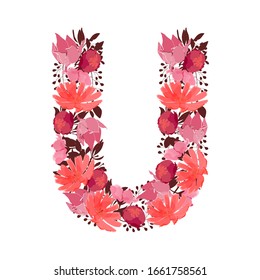 Vector floral letter, capital character U. Botanical monogram. Pink, maroon, coral color flowers in the shape of a bold letter isolated on white background. Chicory, peonies, lilies with branches.