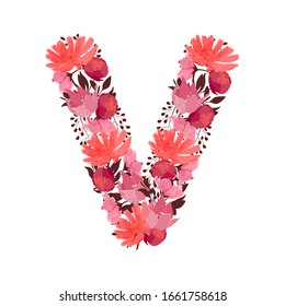 Vector floral letter, capital character V. Botanical monogram. Pink, maroon, coral color flowers in the shape of a bold letter isolated on white background. Chicory, peonies, lilies with branches.