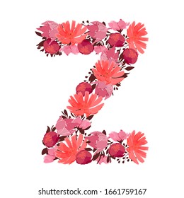 Letra vectorial floral, mayúscula Z. Monograma botánico. Flores de color rosa, marrón y coral en forma de letra negrita aisladas en fondo blanco. Chicoria, peonías, lirios con ramas.