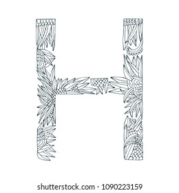 Vector floral letter made from leaves, branches, berries and flowers. Bright botanical alphabet. Vintage hand drawing letter H.
