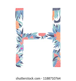 Vector floral letter made from leaves, branches, berries and flowers. Bright botanical alphabet. Vintage hand drawing letter H.