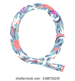 Vector floral letter made from leaves, branches, berries and flowers. Bright botanical alphabet. Vintage hand drawing letter Q.