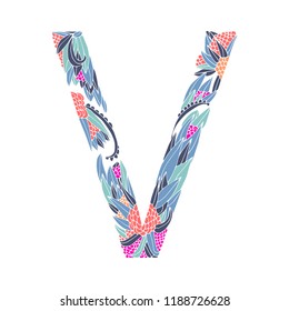 Vector floral letter made from leaves, branches, berries and flowers. Bright botanical alphabet. Vintage hand drawing letter V.