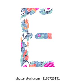 Vector floral letter made from leaves, branches, berries and flowers. Bright botanical alphabet. Vintage hand drawing letter E.