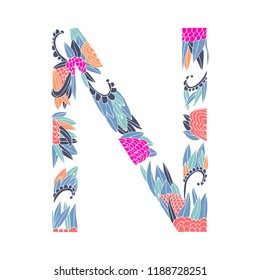 Vector floral letter made from leaves, branches, berries and flowers. Bright botanical alphabet. Vintage hand drawing letter N.