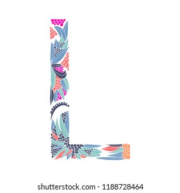 Vector floral letter made from leaves, branches, berries and flowers. Bright botanical alphabet. Vintage hand drawing letter L.