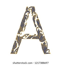 Vector floral letter made from leaves, branches, berries and flowers. Bright botanical alphabet. Vintage hand drawing letter A.