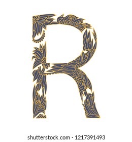 Vector floral letter made from leaves, branches, berries and flowers. Bright botanical alphabet. Vintage hand drawing letter R.