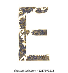 Vector floral letter made from leaves, branches, berries and flowers. Bright botanical alphabet. Vintage hand drawing letter E.