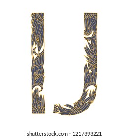 Vector floral letter made from leaves, branches, berries and flowers. Bright botanical alphabet. Vintage hand drawing letter I & J.