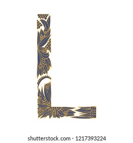 Vector floral letter made from leaves, branches, berries and flowers. Bright botanical alphabet. Vintage hand drawing letter L.