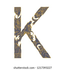 Vector floral letter made from leaves, branches, berries and flowers. Bright botanical alphabet. Vintage hand drawing letter K.