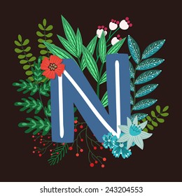Vector floral letter made from leaves, branches, berries and flowers. Bright botanical alphabet. Vintage hand drawing character. Letter N.