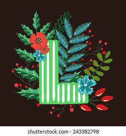 Vector floral letter made from leaves, branches, berries and flowers. Bright botanical alphabet. Vintage hand drawing character. Letter L.