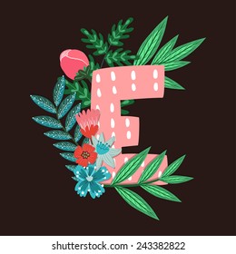 Vector floral letter made from leaves, branches, berries and flowers. Bright botanical alphabet. Vintage hand drawing character. Letter E.