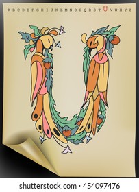 Vector floral letter made from leaves, birds, branches, berries and flowers. Bright botanical alphabet. Vintage hand drawing character. Letter U.