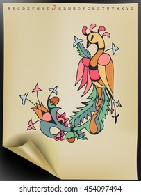 Vector floral letter made from leaves, birds, branches, berries and flowers. Bright botanical alphabet. Vintage hand drawing character. Letter J.