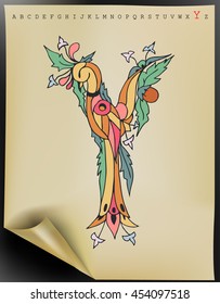 Vector floral letter made from leaves, birds, branches, berries and flowers. Bright botanical alphabet. Vintage hand drawing character. Letter Y.
