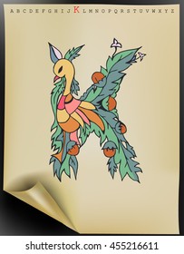Vector floral letter made from leaves, birds, branches, berries and flowers. Bright botanical alphabet. Vintage hand drawing character. Letter K.