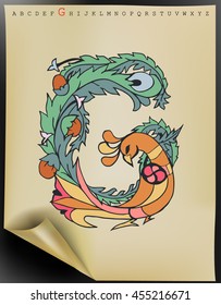 Vector floral letter made from leaves, birds, branches, berries and flowers. Bright botanical alphabet. Vintage hand drawing character. Letter G.