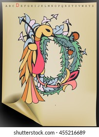 Vector floral letter made from leaves, birds, branches, berries and flowers. Bright botanical alphabet. Vintage hand drawing character. Letter D.