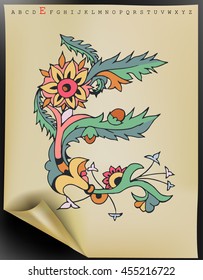 Vector floral letter made from leaves, birds, branches, berries and flowers. Bright botanical alphabet. Vintage hand drawing character. Letter E.