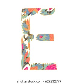 Vector floral letter made from leaves, branches, berries and flowers. Bright botanical alphabet. Vintage hand drawing letter E.