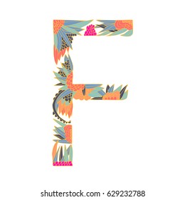 Vector floral letter made from leaves, branches, berries and flowers. Bright botanical alphabet. Vintage hand drawing letter F.