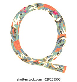 Vector floral letter made from leaves, branches, berries and flowers. Bright botanical alphabet. Vintage hand drawing letter Q.
