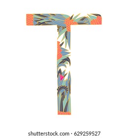 Vector floral letter made from leaves, branches, berries and flowers. Bright botanical alphabet. Vintage hand drawing letter T. 