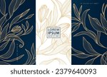 Vector floral line art, set of luxury line pattern, golden background. Hand drawn peonies for perfume, wine, social media post, cover, banner, label.
