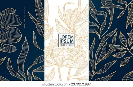 Vector floral line art, set of luxury flower, peony line pattern, golden background. Hand drawn peonies for perfume, wine, social media post, cover, banner, label.