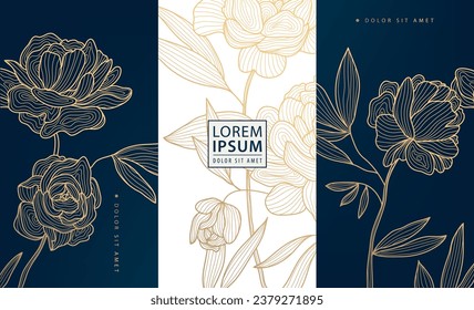 Vector floral line art, set of luxury flower, peony line pattern, golden background. Hand drawn peonies for perfume, wine, social media post, cover, banner, label.