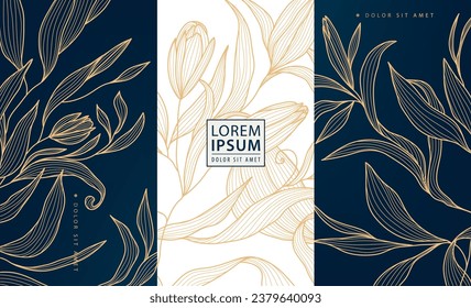 Arte vectorial de línea floral, conjunto de líneas de lujo, fondo dorado. Pintadas de mano para perfume, vino, publicación en medios sociales, portada, pancarta, etiqueta.