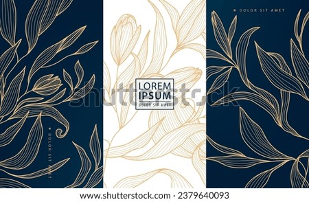 Vector floral line art, set of luxury line pattern, golden background. Hand drawn peonies for perfume, wine, social media post, cover, banner, label.