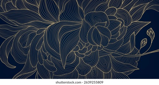 Vector floral line pattern, vintage flowers and leaves japanese luxury background. Abstract plant ornament, art deco foliage tropical design. Elegant blossom banner