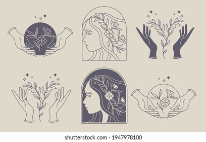 Vector Floral Linear Art Hands Illustrated Logo Elements