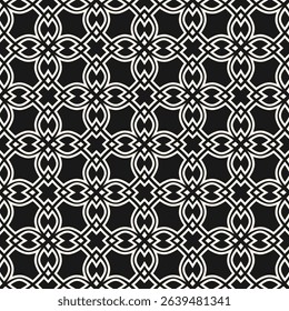 Vector floral linear ornament in asian style. Abstract geometric seamless pattern with grid, flower silhouettes, leaves, lattice, diamonds. Black and white background texture. Repeating geo design