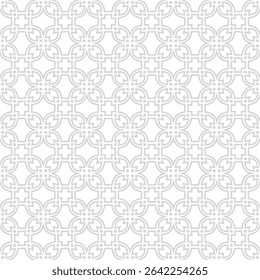 Vector floral linear ornament in asian style. Subtle abstract geometric seamless pattern with grid, flower silhouettes, leaves, lattice. Delicate grey and white background texture. Repeated geo design