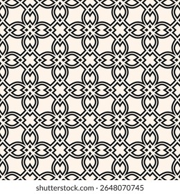 Vector floral linear ornament in asian style. Abstract monochrome geometric seamless pattern with grid, flower silhouettes, leaves, lattice, diamonds. Black and white background texture. Repeat design