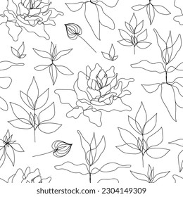 Fondo, plantas y hojas lineales de vectores, sin costura. Uno, patrón de línea continua, estilo dibujado a mano. Doodle de Monoline