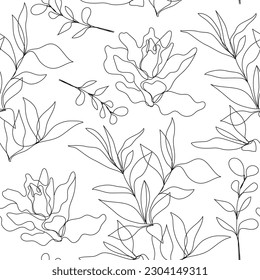 Fondo, plantas y hojas lineales de vectores, sin costura. Uno, patrón de línea continua, estilo dibujado a mano. Doodle de Monoline